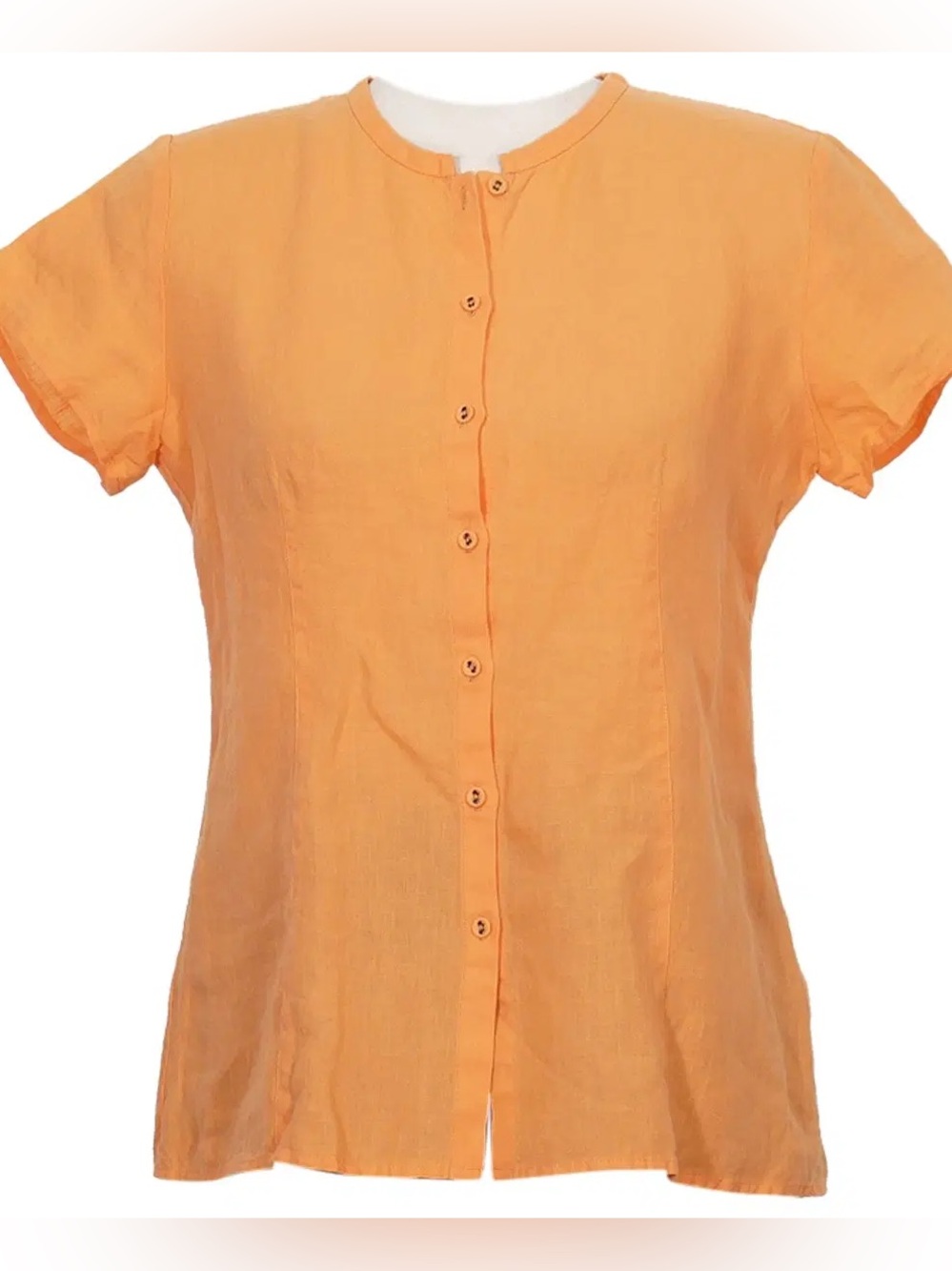 Eileen Fisher Orange Linen Shaped Button Front Shirt Collarless Blouse sz L